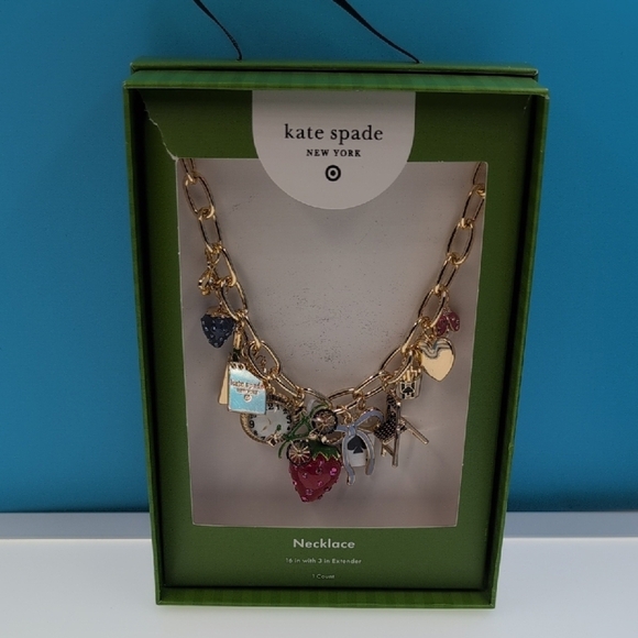 Kate Spade Gold-Toned Charm Necklace with Heart, Strawberry, Bow, Ladybug, Card - Picture 1 of 7